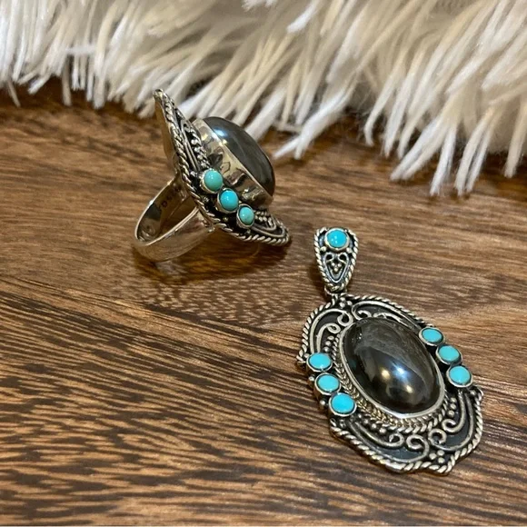 Set Turquoise and Hematine Statement Ring and Pendant Sterling Silver - Picture 7 of 15